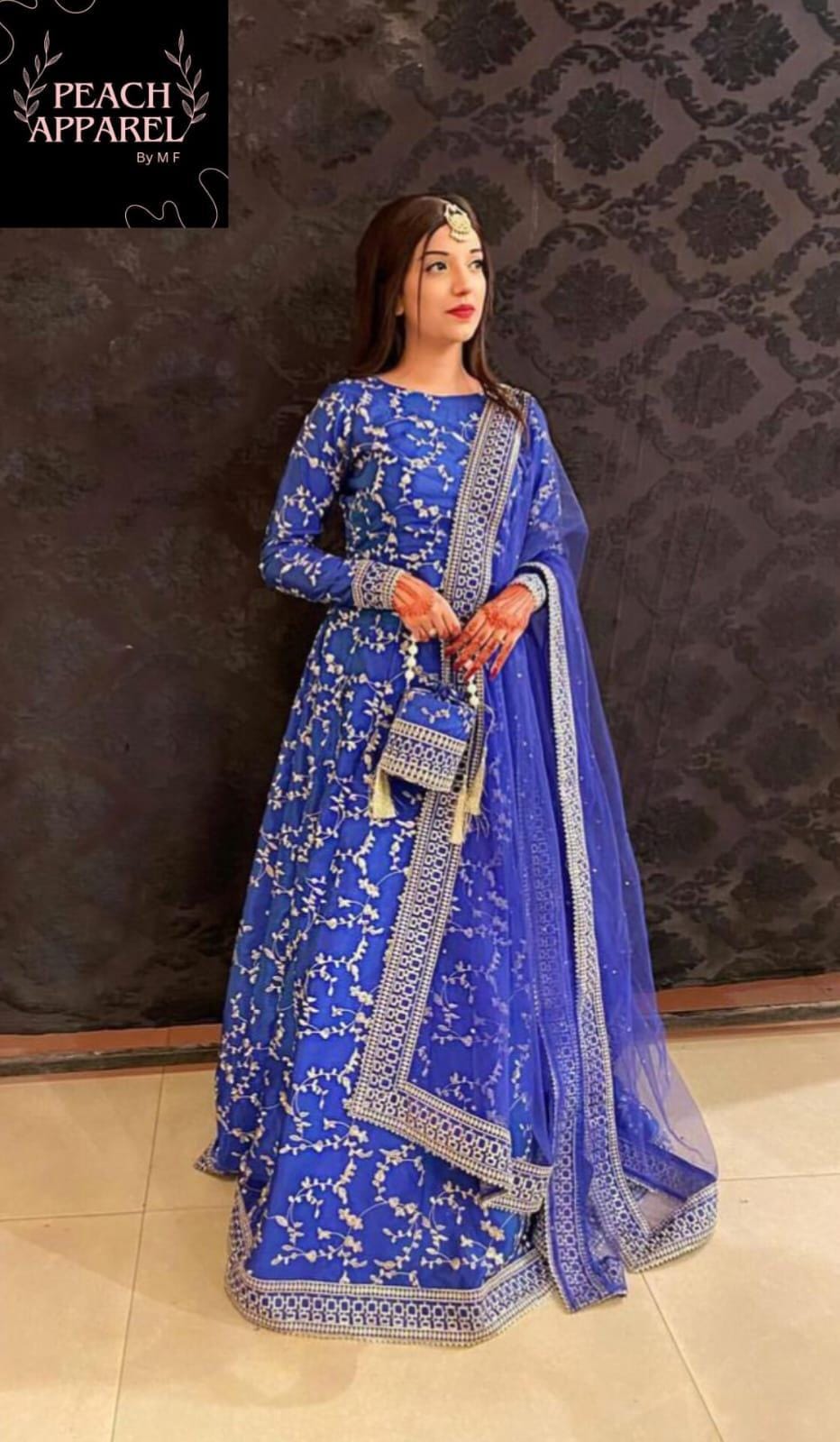 4 Pcs Women's Stitched Katan Silk Embroidered Lehenga Choli