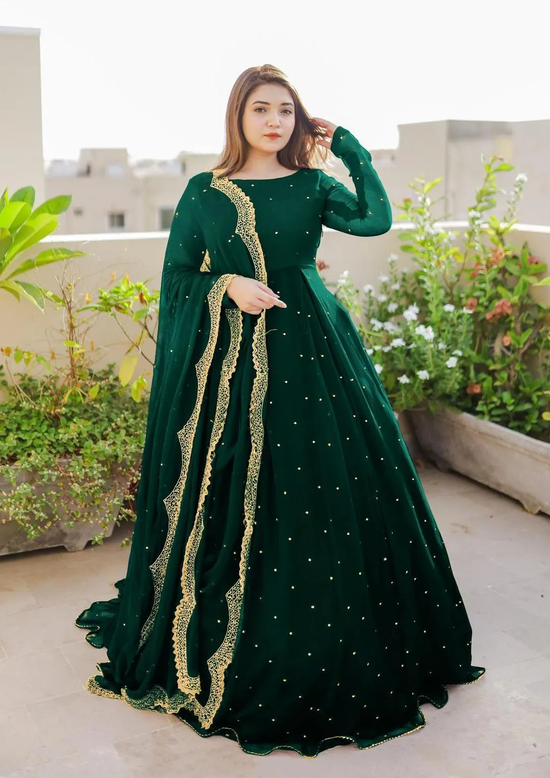 Green Embroidered Chiffon Maxi Set 3 Piece Suit with Dupatta & Trouser Formal Wear