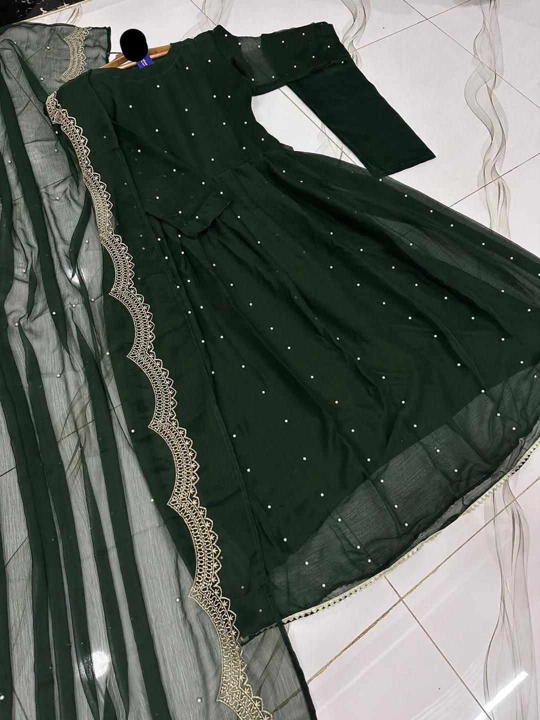 Green Embroidered Chiffon Maxi Set 3 Piece Suit with Dupatta & Trouser Formal Wear - Image 3