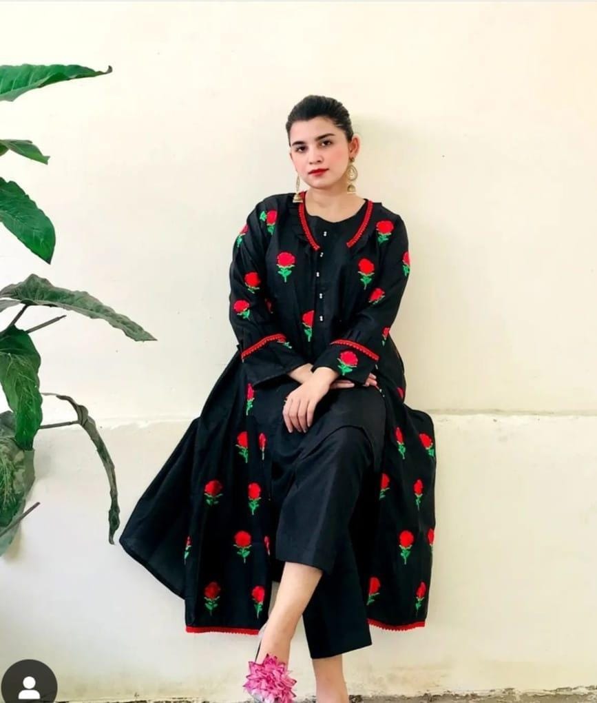 Black Katan Silk Embroidered Gown Suit Set – 3 Piece Outfit with Inner Shirt & Trouser