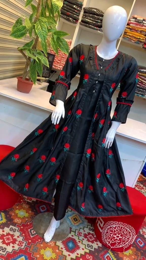 Black Katan Silk Embroidered Gown Suit Set – 3 Piece Outfit with Inner Shirt & Trouser - Image 3