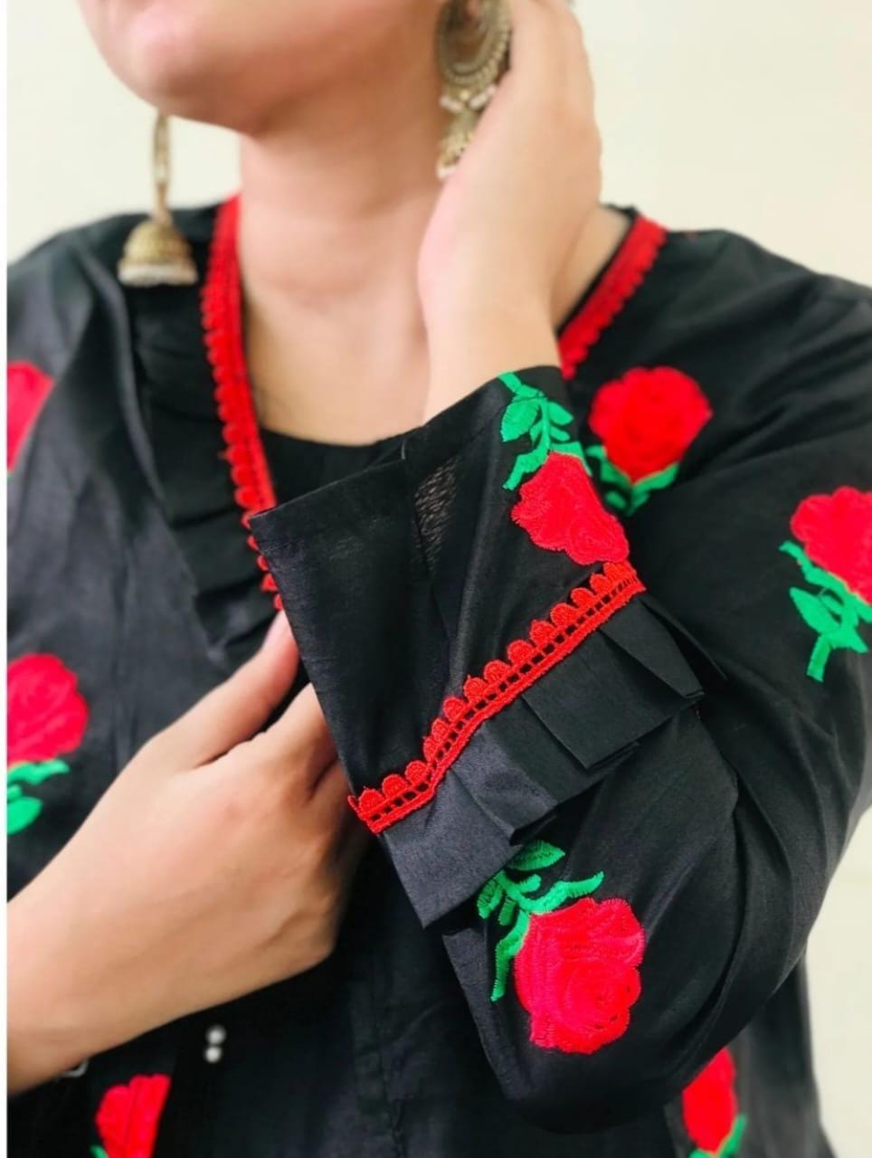 Black Katan Silk Embroidered Gown Suit Set – 3 Piece Outfit with Inner Shirt & Trouser - Image 4