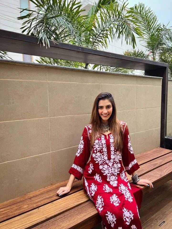 Red Embroidered Linen Kurti Stylish Women’s Casual Wear Round Neck - Image 3