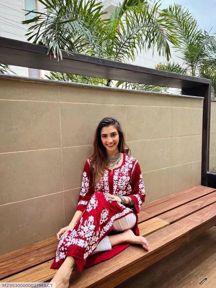 Red Embroidered Linen Kurti Stylish Women’s Casual Wear Round Neck