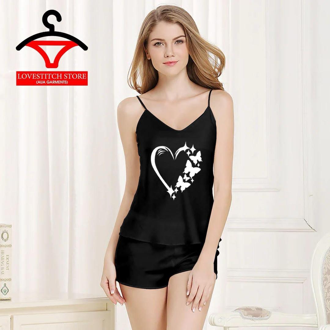 Black Printed Silk Night Suit Lightweight Women’s Camisole Set - Image 3